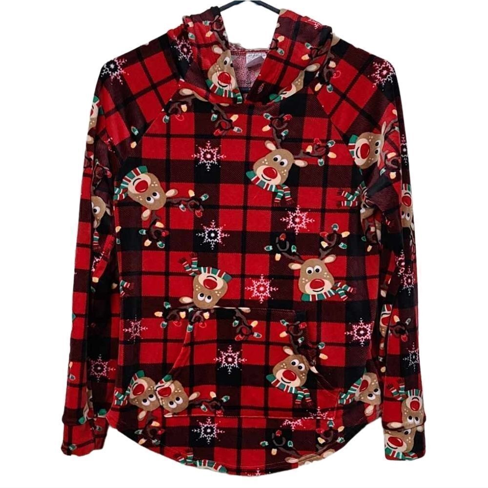 Rudolph Velour Hoodie Reindeer Red Buffalo Plaid Christmas Sweatshirt Jrs M 7/9